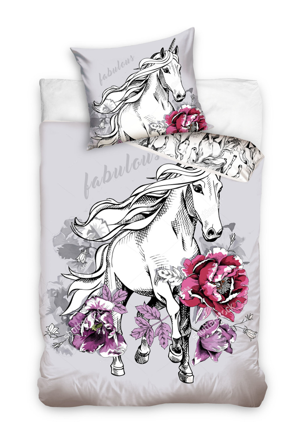 Lenjerie de pat din bumbac Unicornul din - gri, imprimeu - Mărimea single 140x200+70x90 cm